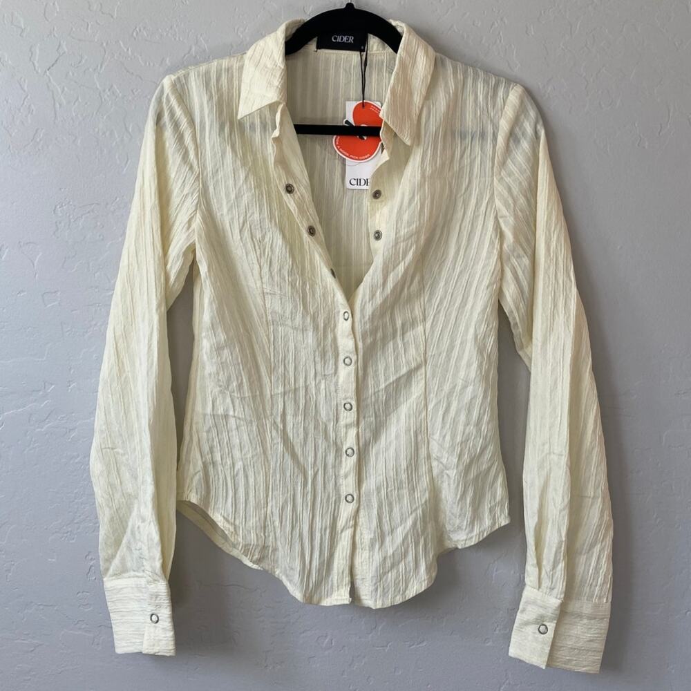 CIDER Butter Yellow Fitted Ribbed Seersucker Textured Button Up Top Womens Sz S